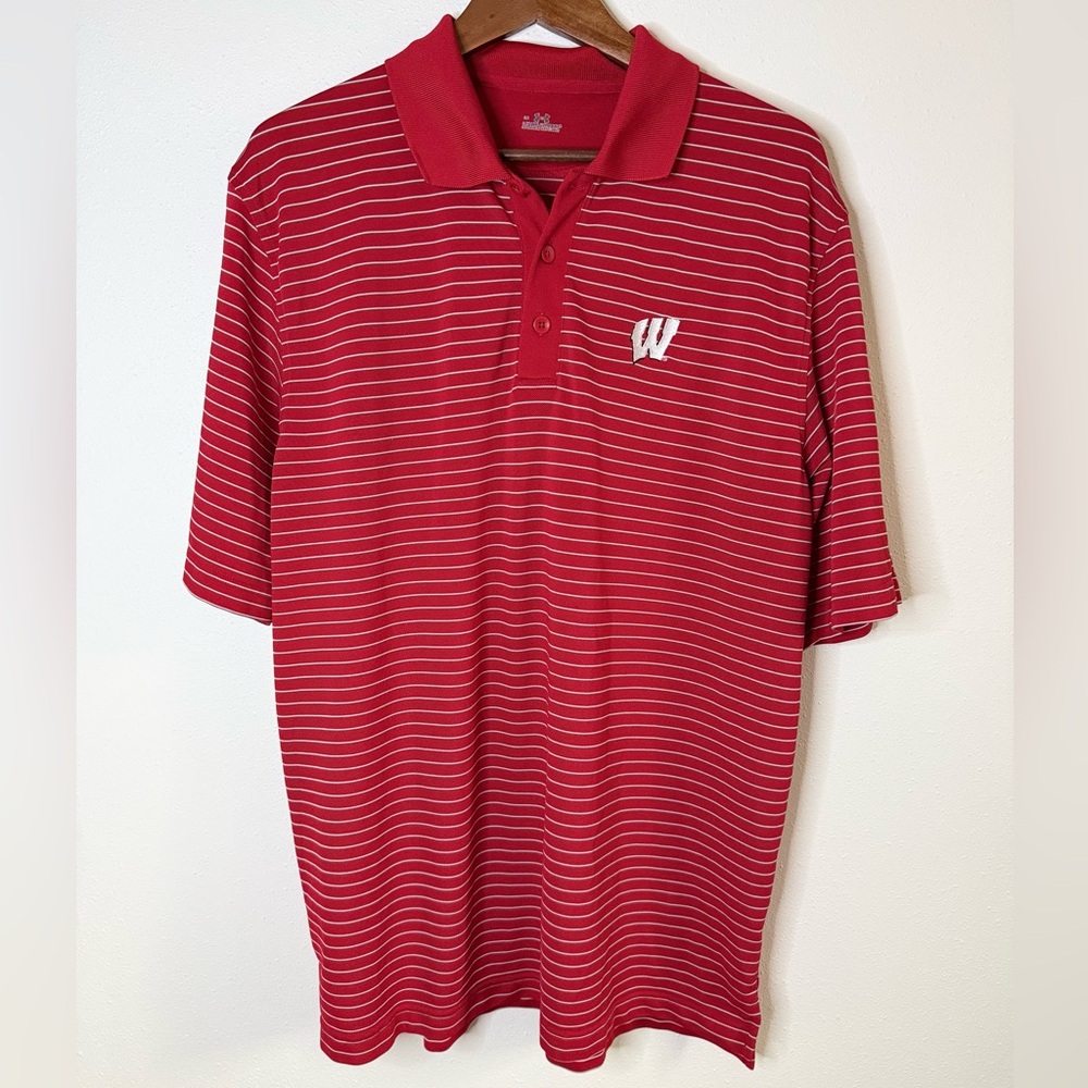 Under Armour Wisconsin Badgers Polo Red Striped Golf Shirt L